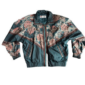 Active Stuff Womens Floral Teal Full Zip Windbreaker Size Small Vintage